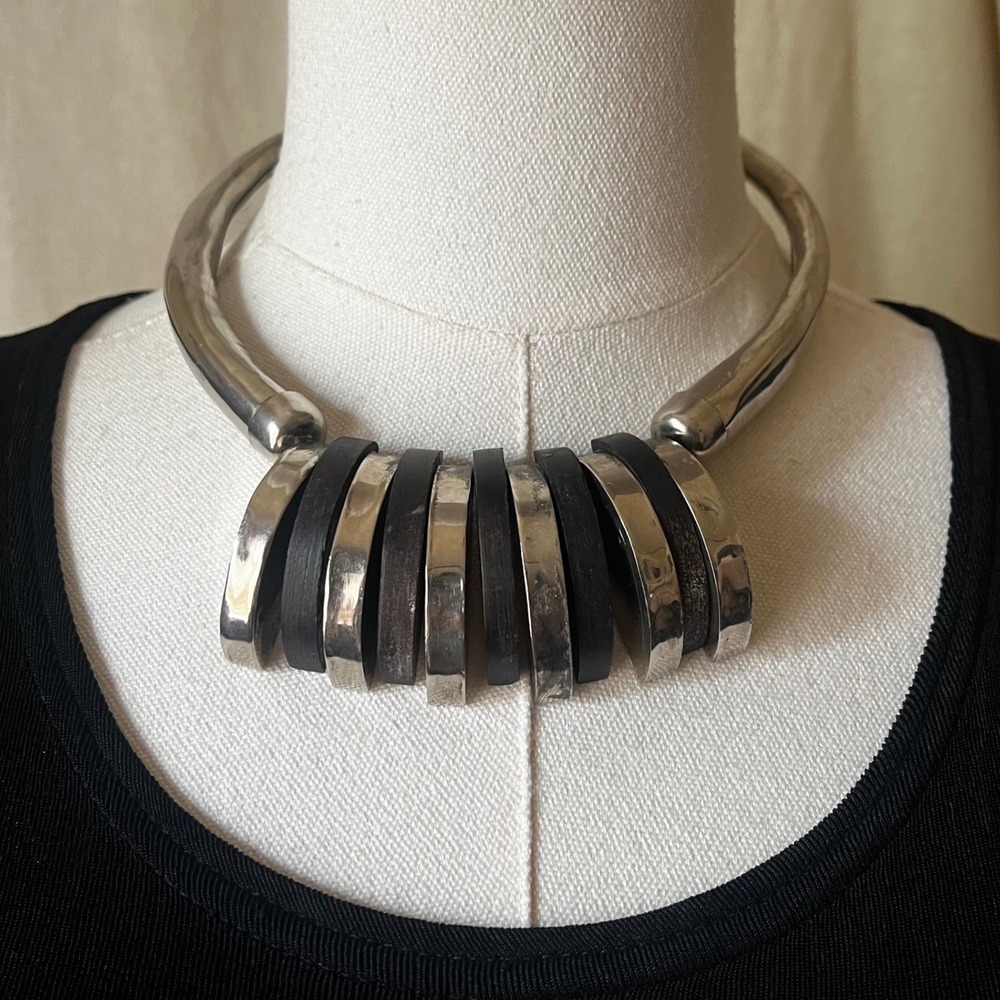 Vintage Modernist Silver Tone & Wood Collar Necklace Statement Artisan Bib